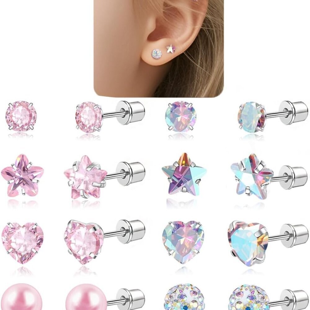8 Pairs Hypoallergenic Screw Back Earrings Set for Girls - Heart, Star, Pearl &